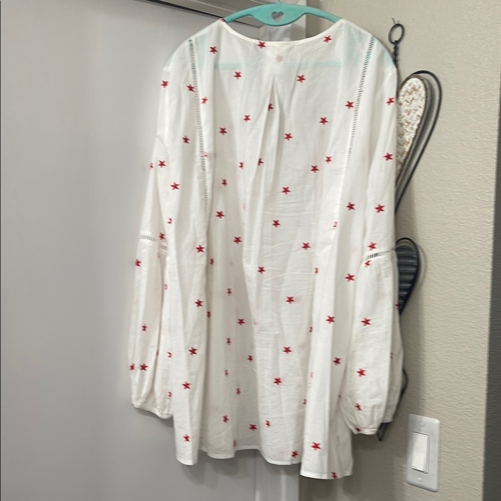 White and Red Long Sleeve Tie Front Blouse - Picture 7 of 12